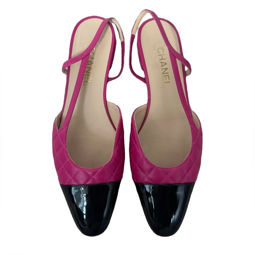 New CHANEL Fuchsia and Black Quilted Slingback Lambskin Flats 37/7 - Picture 2 of 16